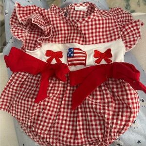 Red Gingham Patriotic Baby Dress with Bows Machine Smock